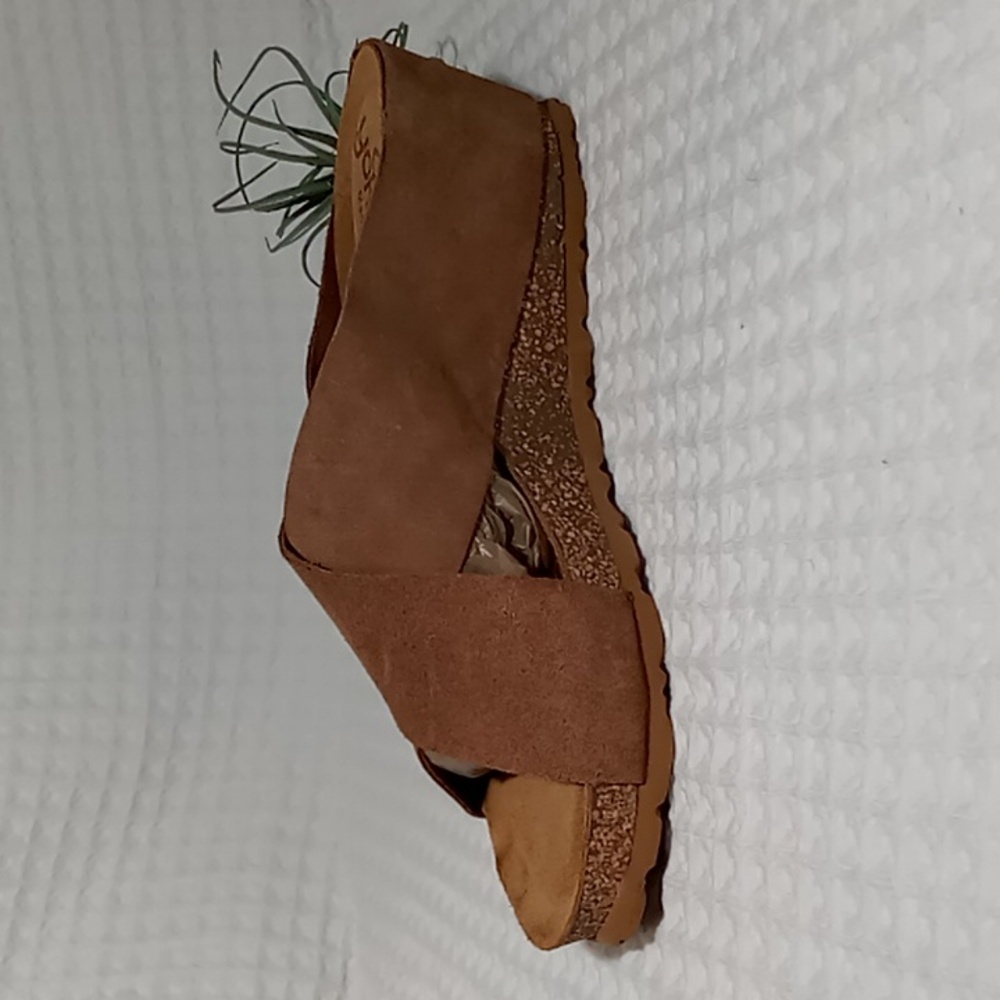 Yokono Tan Suede Cross Band Cork Wedge Mule Size 9 - Picture 2 of 13